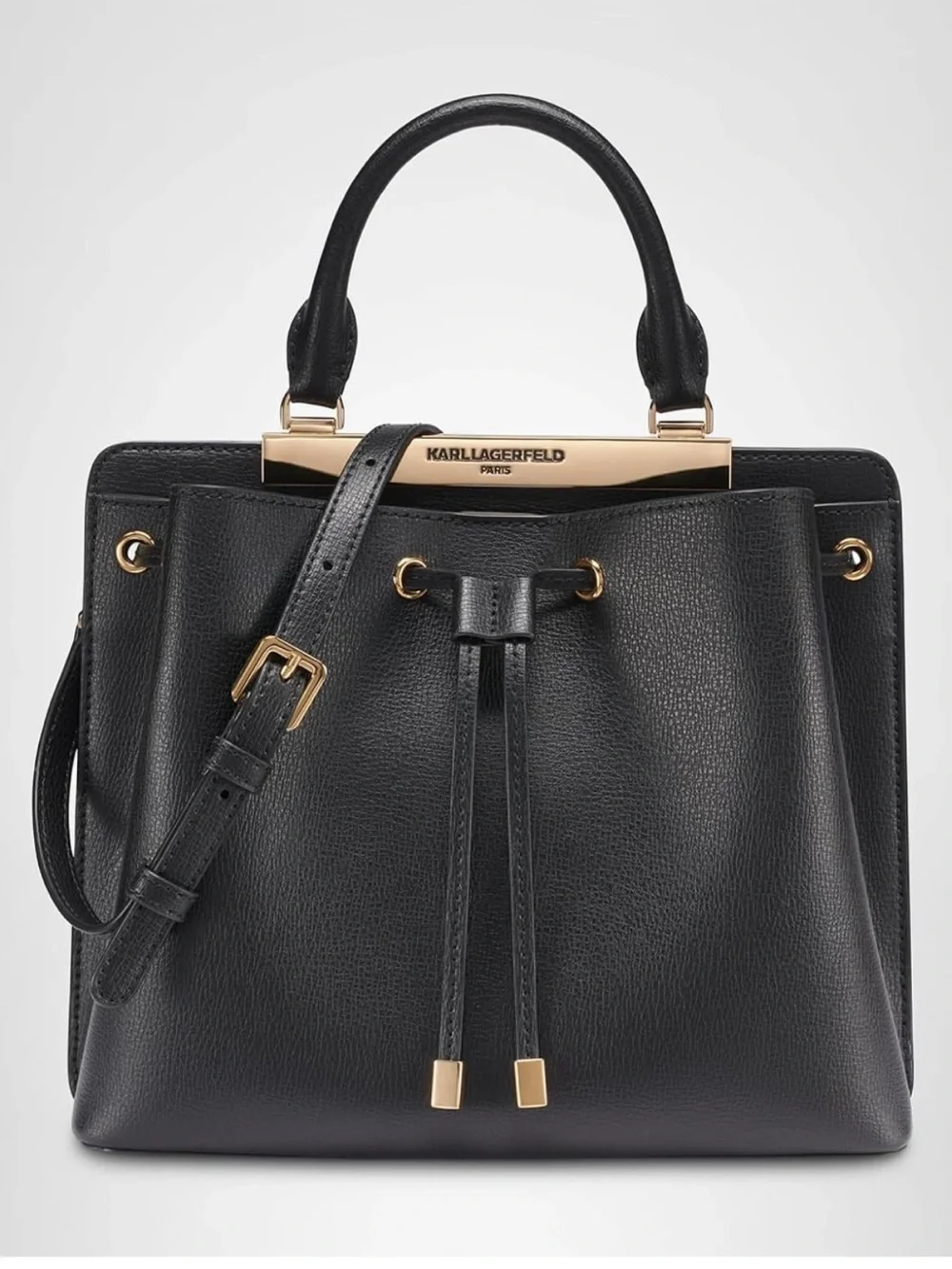 New Karl Lagerfeld Black Pebbled Leather Evelin Drawstring Bucket Bag with Gold